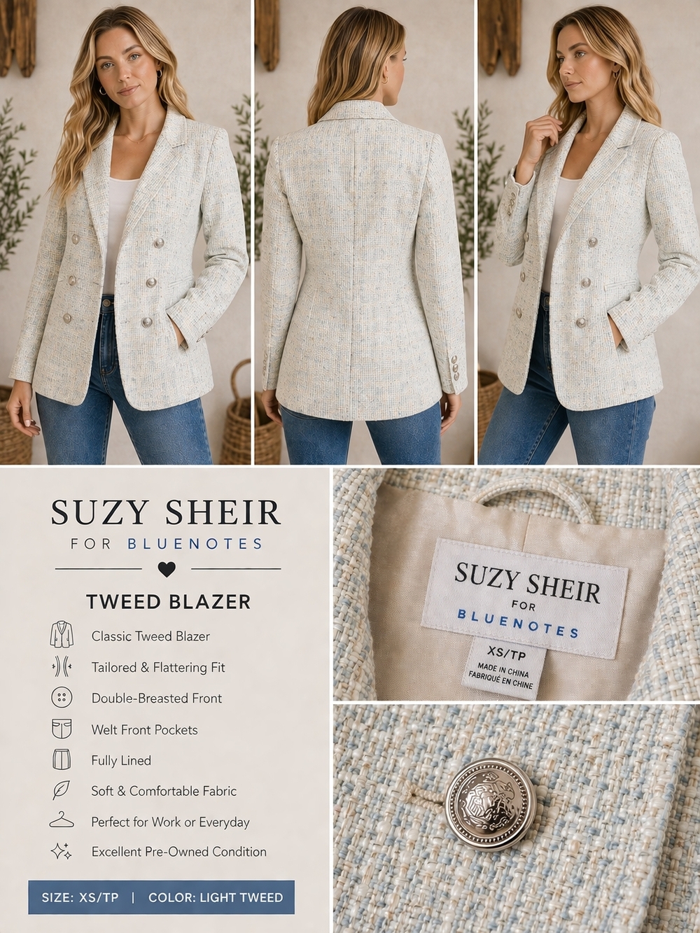 Suzy Sheir Light Tweed Double-Breasted Blazer - Cream with Light Blue Flecks